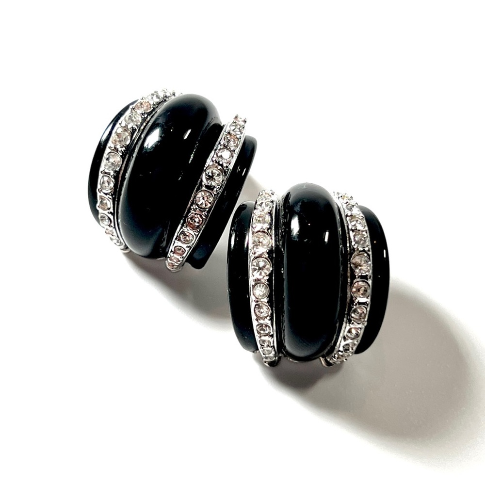 Kenneth Jay Lane KJL Black Lucite and Rhinestone Clip Earrings